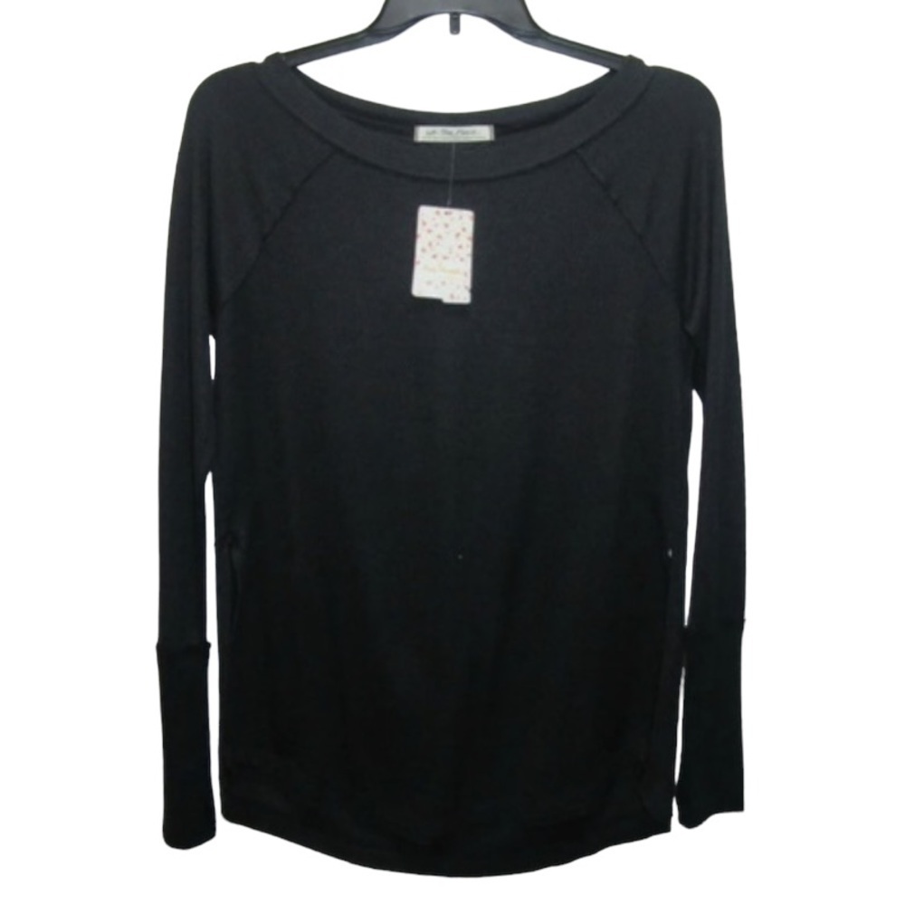 FREE PEOPLE Snowy Black Thermal Waffle-knit Oversized Long Sleeve Top EUC - Picture 2 of 7